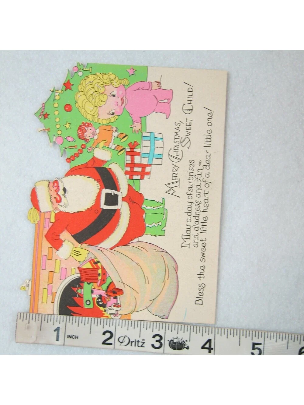 Vintage Christmas Card & Envelope Kewpie Style Girl & Santa Toys Tree Fireplace